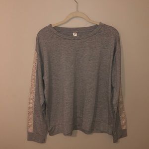 Flora Grey Sweatshirt with white lace on side of sleeves!